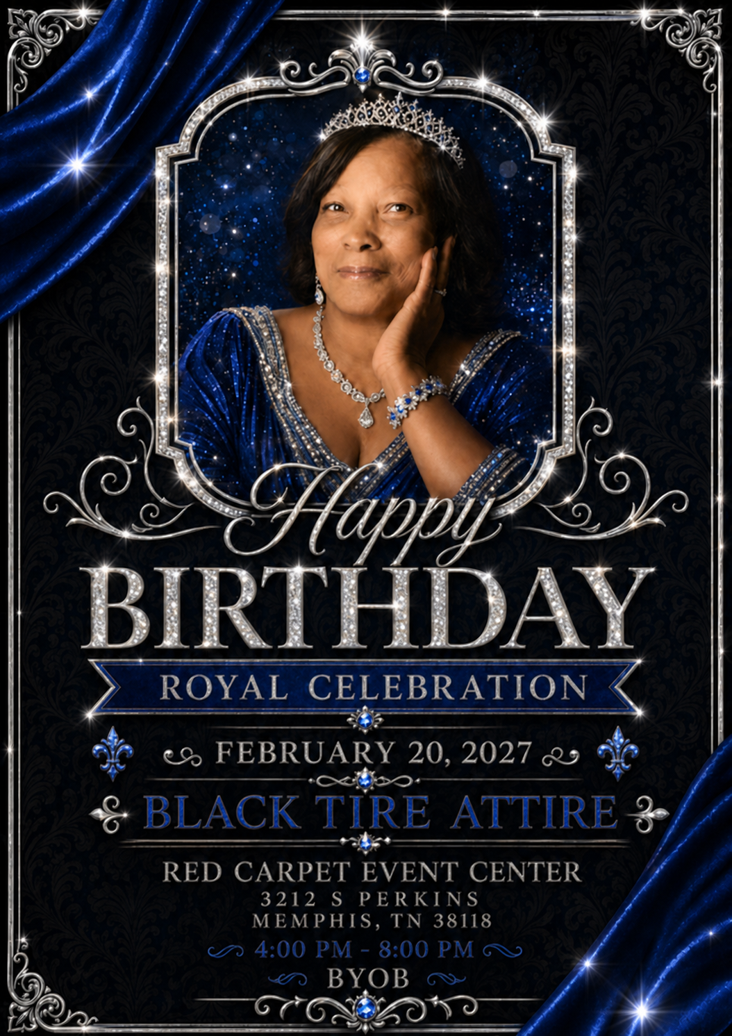 Happy Birthday Royal Celebration invitation featuring Mrs. Poe
